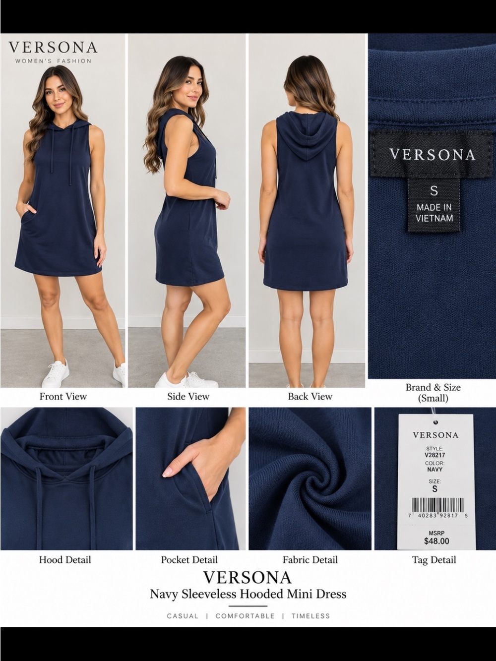 Versona Navy Sleeveless Hooded Mini Dress.       A5
